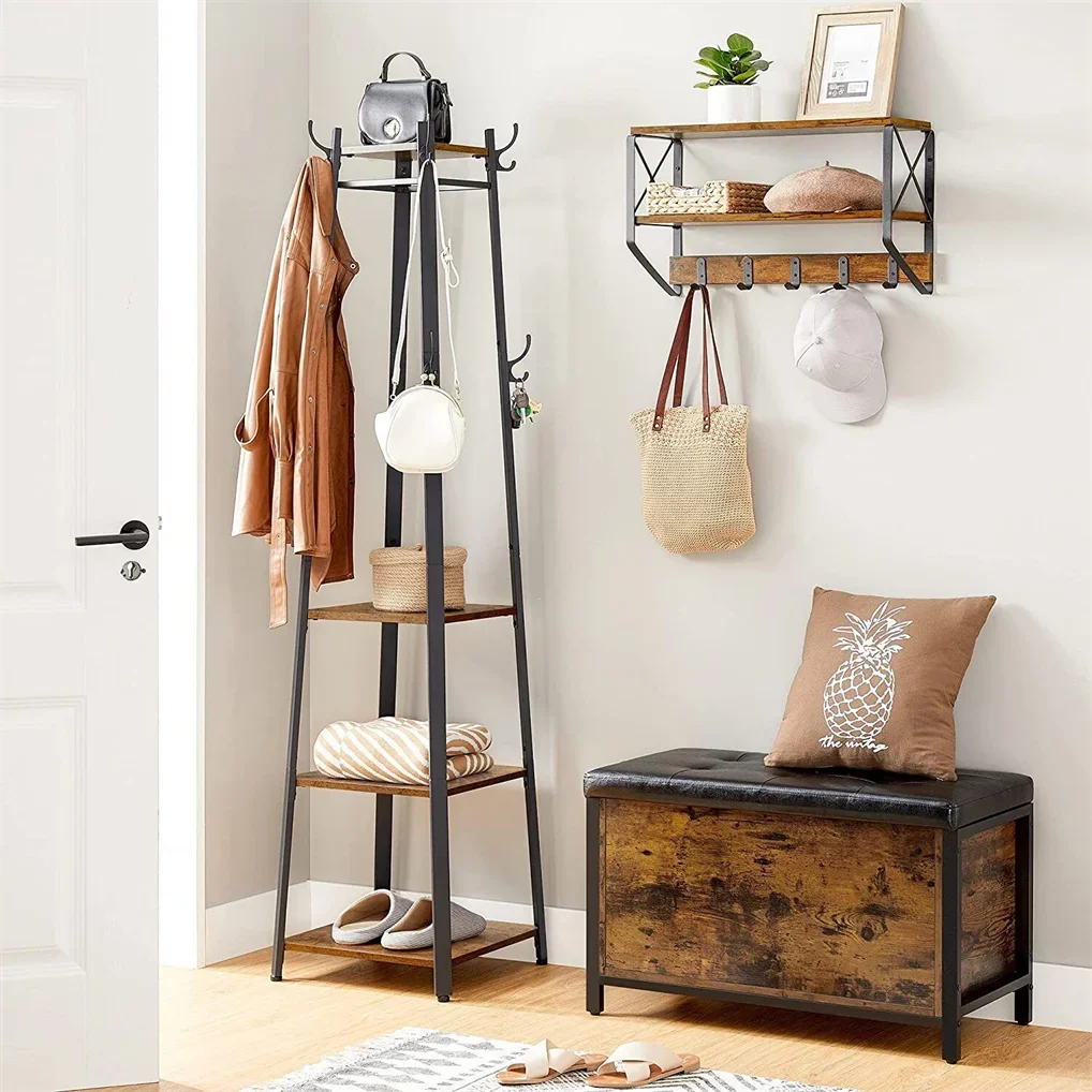 Coat Rack Holder Entryway Clothes Stand 4 Shelves Hall Trees 8 Hooks 180CM Solid Iron Construction