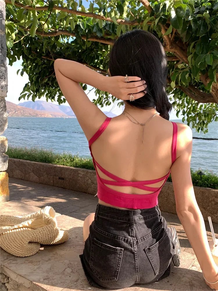 Moda lato seksowna pończocha Camisole bielizna krzyż Backless zakrętka tubki biustonosz czarny biały Fushcia odzież sportowa wąski krótki podkoszulek