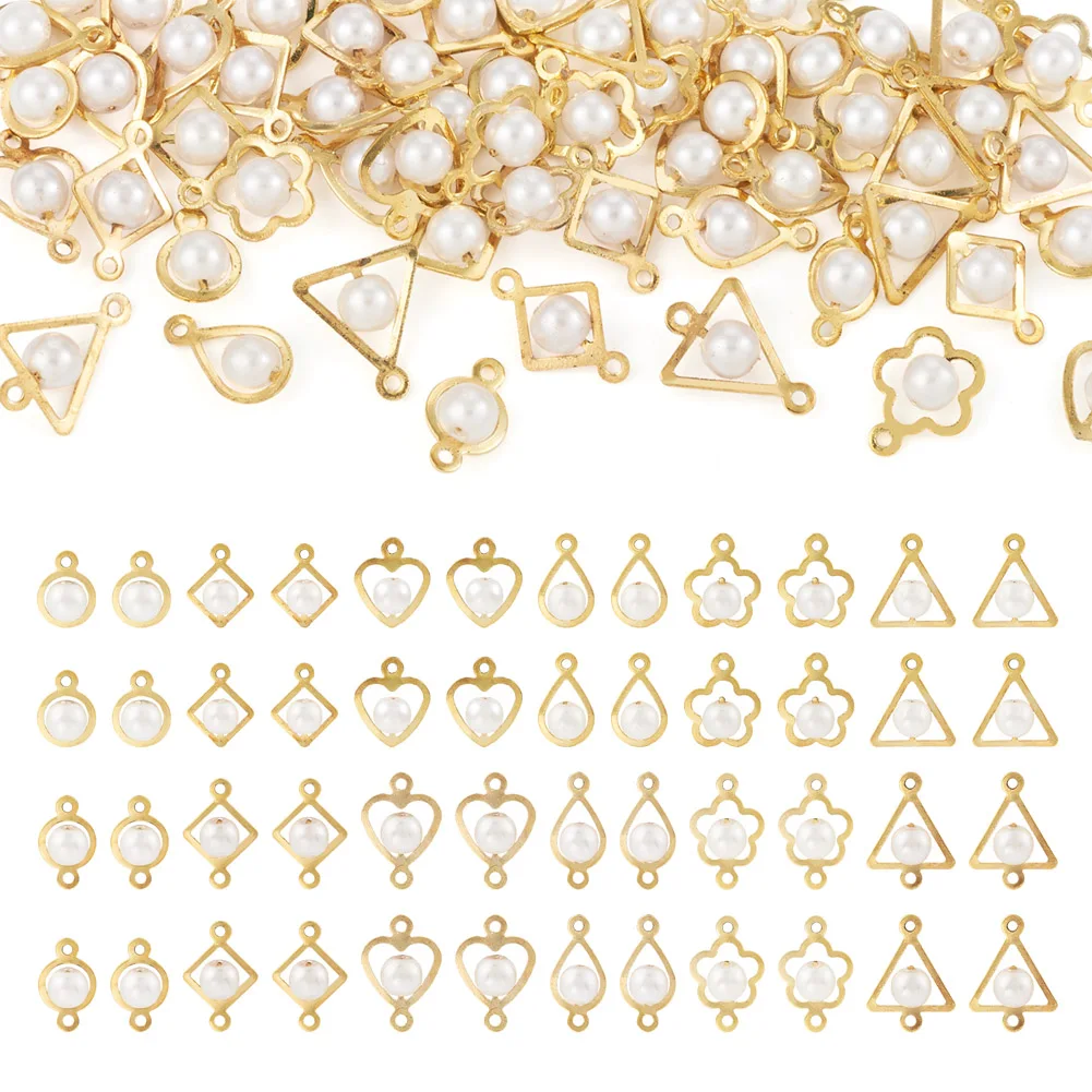 72Pcs ABS Plastic Imitation Pearls Charms/Connector Charms with Golden Plated Iron Findings Mixed Shapes for DIY Jewelry Earring