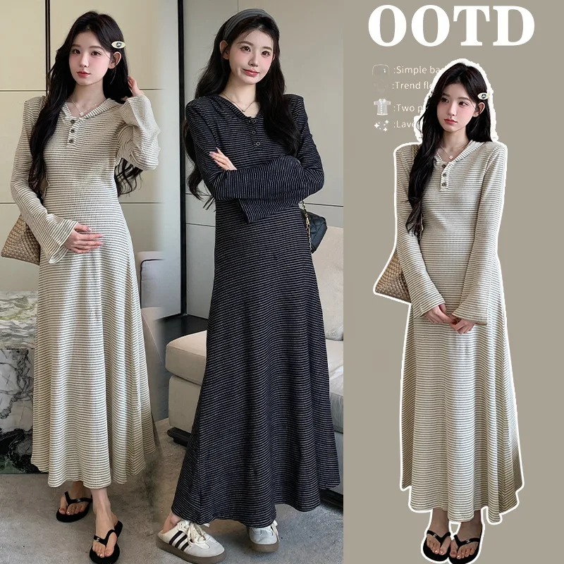 Maternity Dress 2025 Autumn New Arrival French Style Minimalist Elegant Soft Comfortable Striped Flare Sleeve A Line Dress