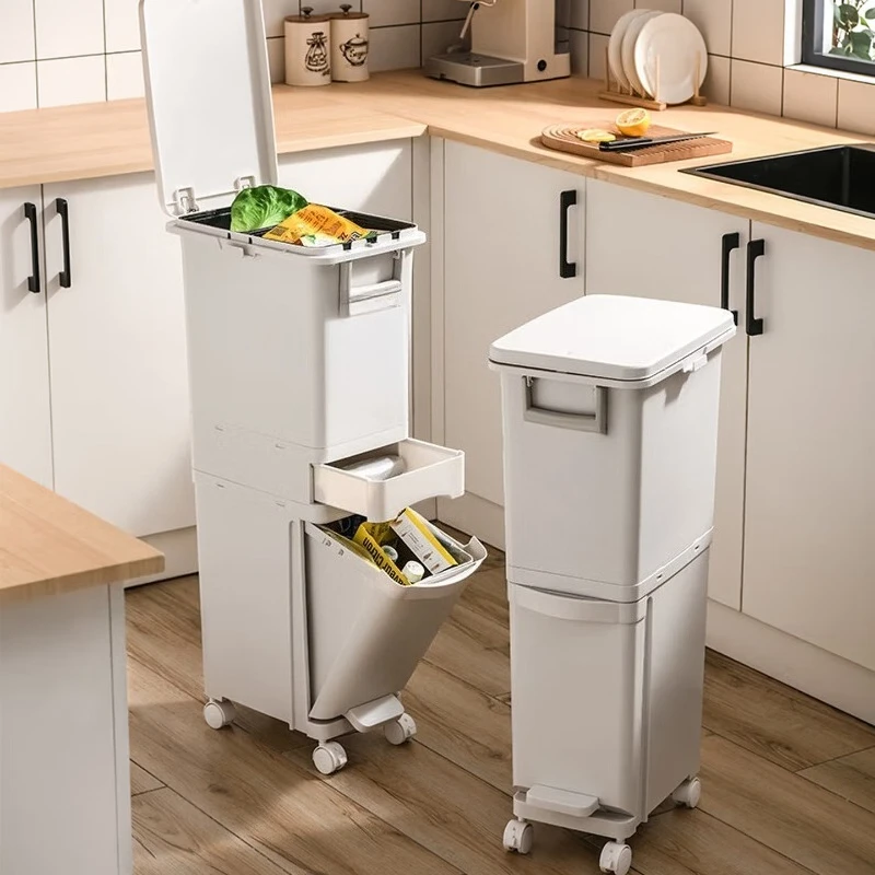 Kitchen trash can, sorting trash can, household large with lid, double-layer wet and dry separation