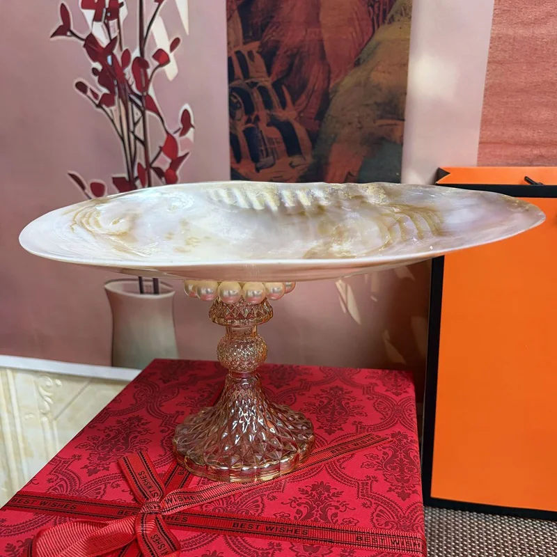 xx-Handmade Tall Footed Natural Shell Fruit Plate Decoration Home Room Desk Snack Plate Dresser Jewelry Storage Tray Ornament