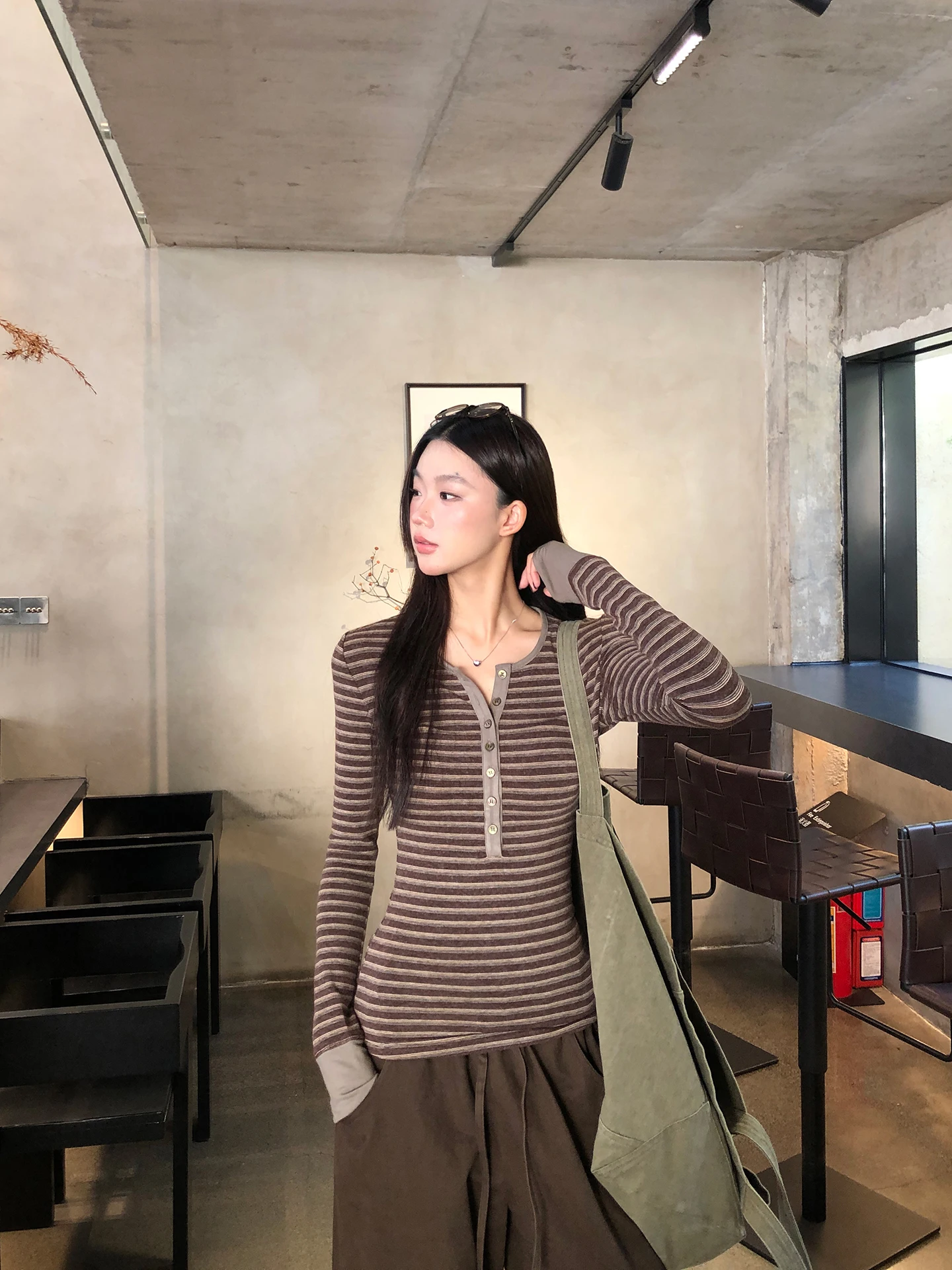 

Облегающая полосатая футболка Long Sve Base irt, женская модная внутренняя одежда, кофейного цвета, зимний сезон, женская...