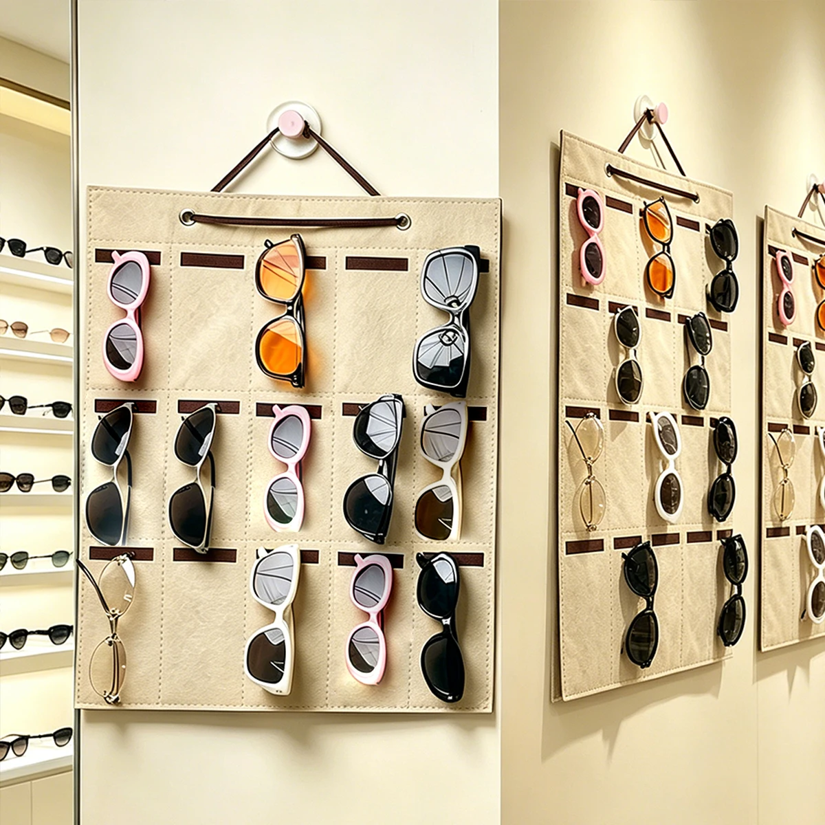 1pc Wall Mounted Khaki 15Grid Sunglasses Vertical Storage Hanging Bag Foldable Portable Glasses Organizing Hanging Display Rack