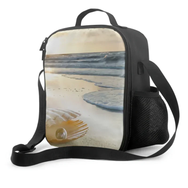 

Seashell Beach Sand Insulated Lunch Box for Kids Portable Lunch Bags with Adjustable Shoulder Strap Reusable Cooler Tote Bag