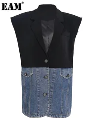 [EAM] Women Loose Fit Blue Denim Color-block Big Size Casuual Vest New Lapel Sleeveless Fashion Tide Spring Autumn 2024 7AB876