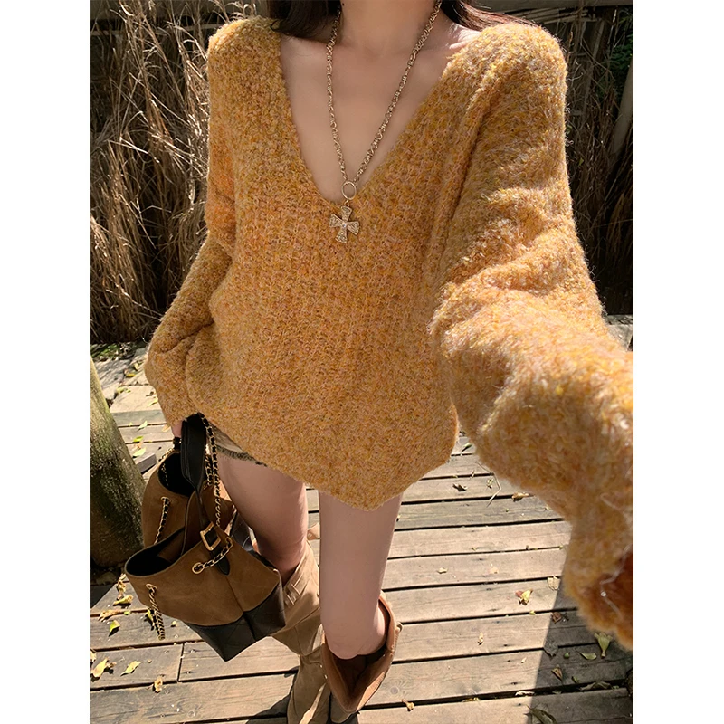 

Dongda Gate Faionable Comfortable Women's Knitted Sweater New V-Ne Long Sve Loose Fit Autumn Winter Warm Soft Lazy Top
