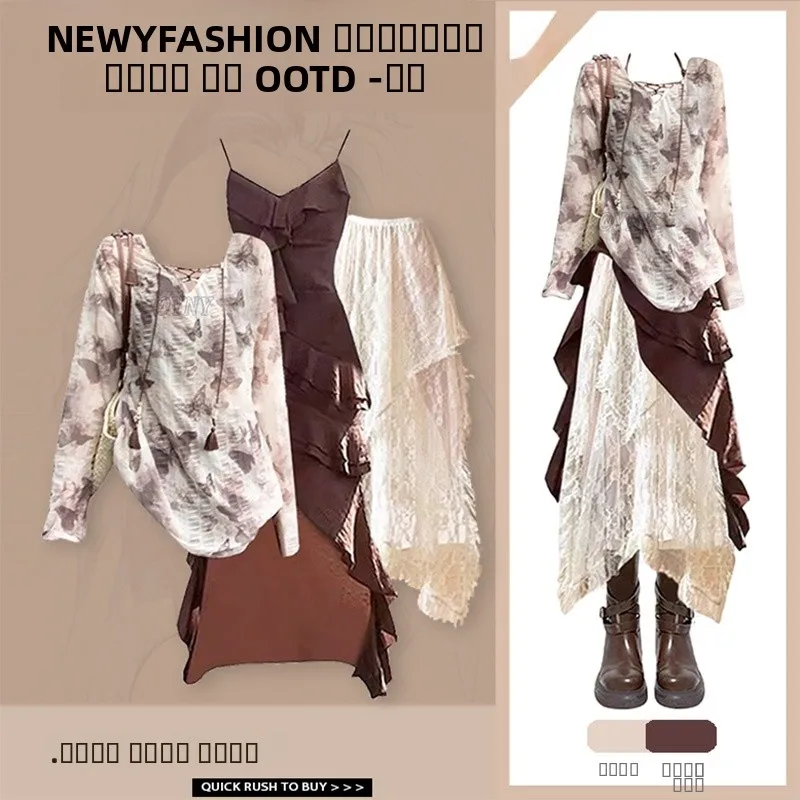 

Fashionable Lace Waist-Cinching Long Sleeve Set for Women Casual Elegant Three-Piece Suit Autumn New Style round Neck Dress