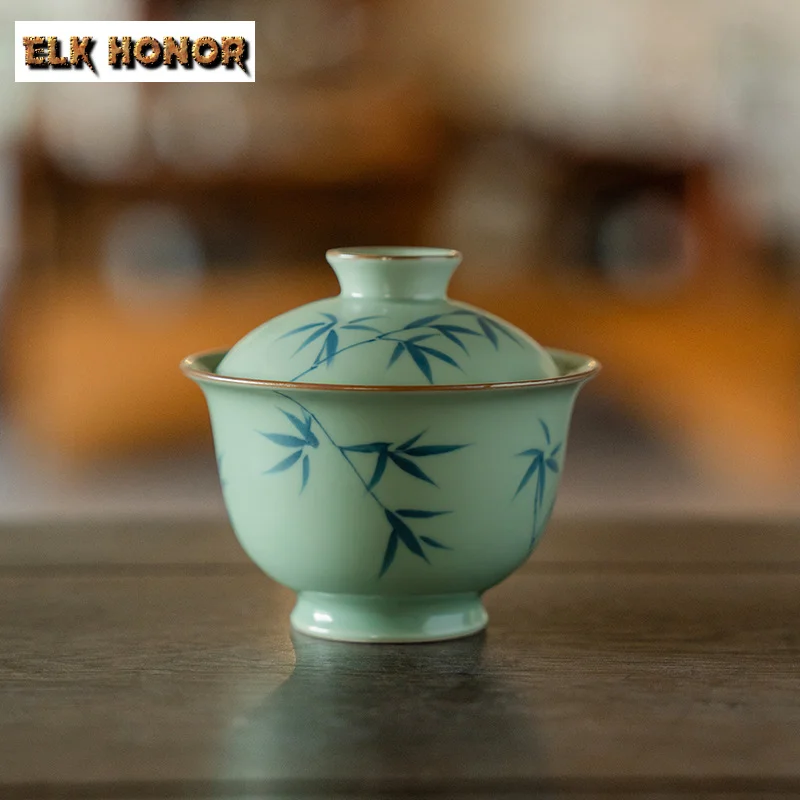 120ml Plum Green Ceramic Gaiwan Hand-painted Bamboo Tea Tureen Retro Anti Scald Cover Bowl Boutique Tea Brewing Chinese Teaware