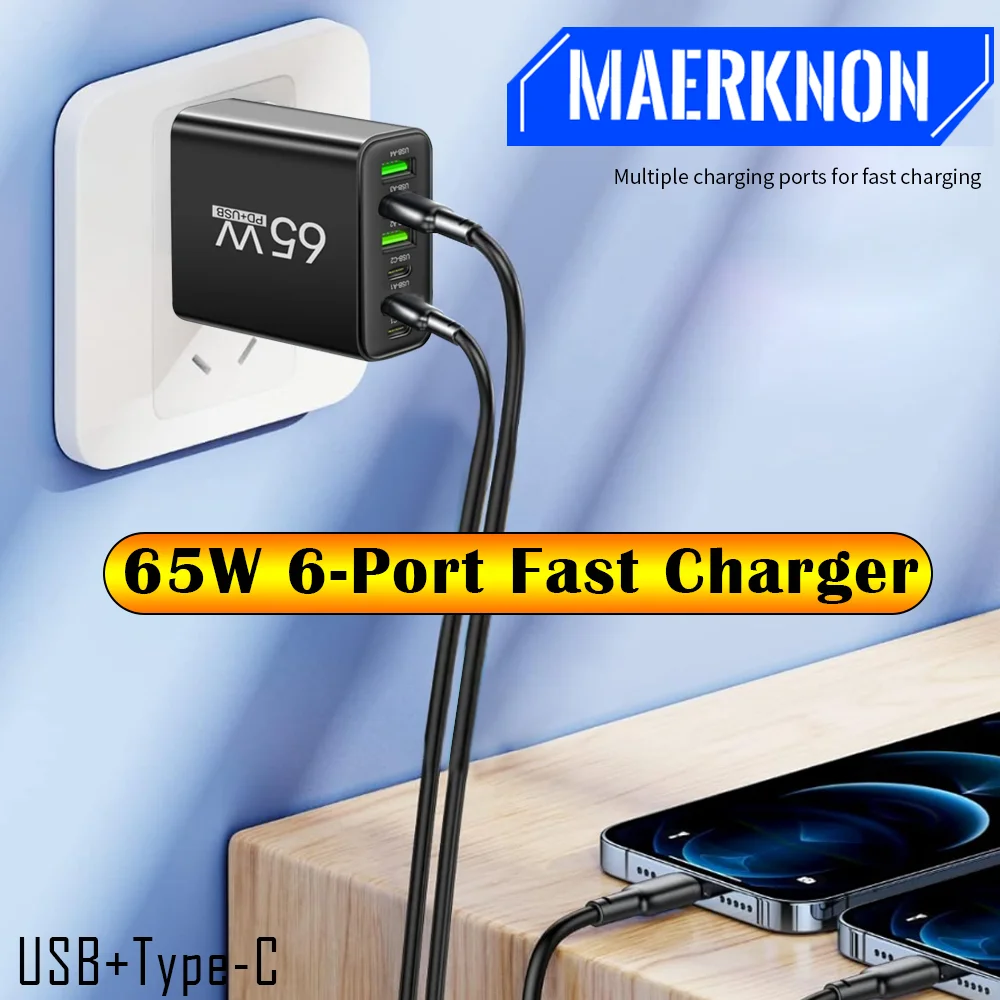

Total 65W USB/PD Smartphone Wall Charger EU/US Plug Multiple 6 Ports Mobile Phone Fast Charging For iPhone Samsung Xiaomi Huawei