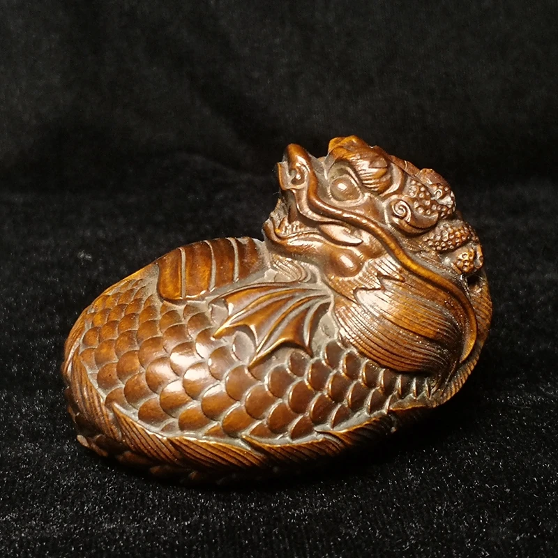 

YIZHU CULTUER ART Chinese boxwood hand carved force Loong Dragon cub Figure statue netsuke decoration Gift Collection L 6.5 CM