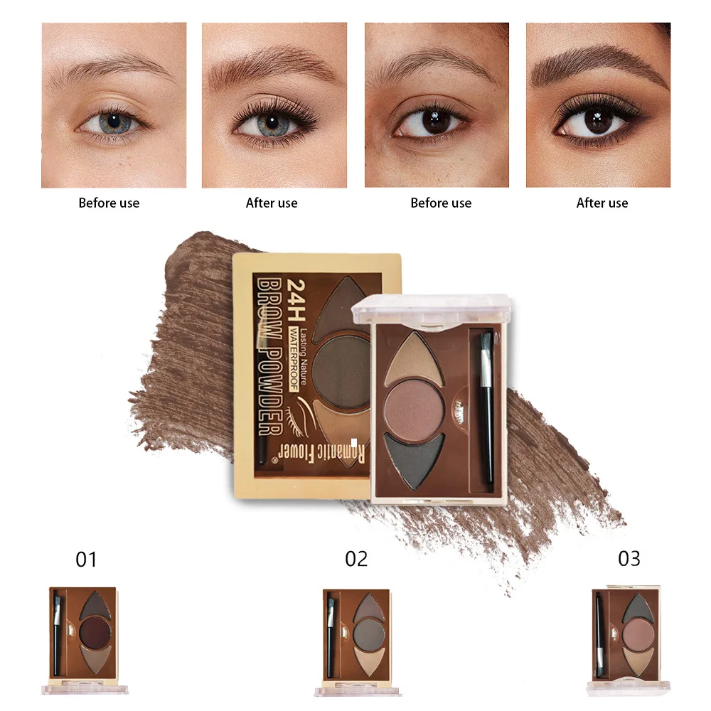 Multifunktionales 3-Farben-Augenbrauenpuder-Set mit Pinsel – langlebiges, wischfestes, natürliches 3D-Brauen-Kontur-Make-up-Set