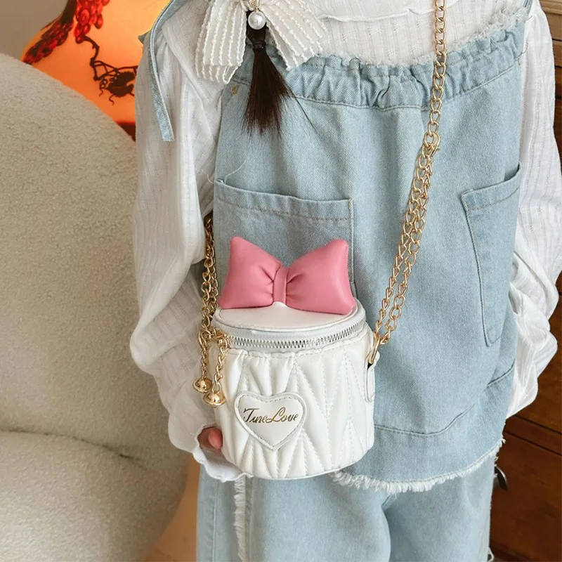 Mini Fashion Bucket Handbags 2024 Summer New Grid One Shoulder Chain Bag Bow Children's Bag Sweet Crossbody Bag Class Bags