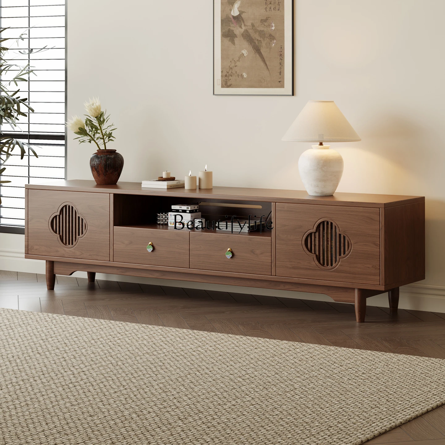 

Solid Wood TV Living Room Storage Cabinet New Chinese Style TV Stand