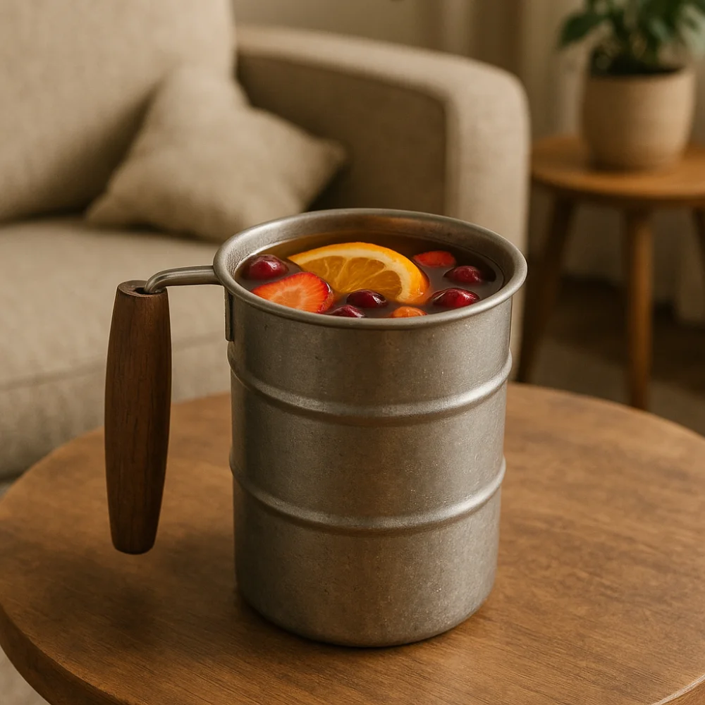 

Винтажная кружка для вина из нержавеющей стали, дизайн бочки для масла, небьющаяся кружка для холодных напитков, кофейная чашка в индустриальном стиле с деревянной ручкой