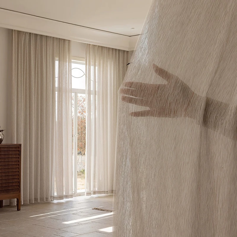 

French Light Luxury Imitation Wool Texture Sheer Curtain Beige Coffee Transparent Window Screen For Living Room Bedroom Balcony
