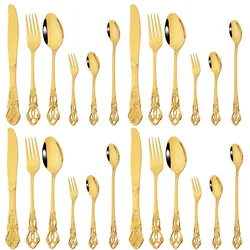 Drmfiy 4/24Pcs Gold Luxury Dinnerware Stainless Steel Flatware Vintage Western Set Tableware Knife Coffee Spoon Fork Cutlery Set