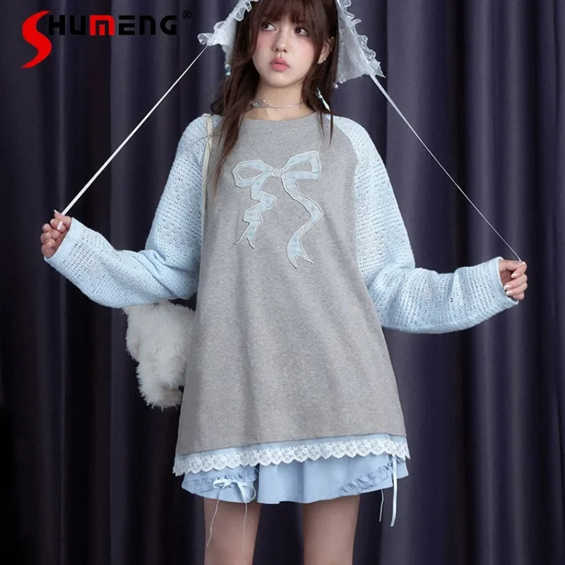 

2024 Autumn New American Retro Style Dream Gentle Gray-blue Bow Long-sleeved Top T-shirt Versatile Top Jumper Pullovers Female