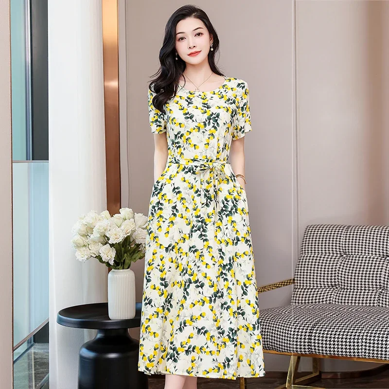 

Summer Elegant Dresses for Women Short Sleeve 2023 New Vintage Long Boho Dress Woman Summer Sundress Female Clothing with Belt