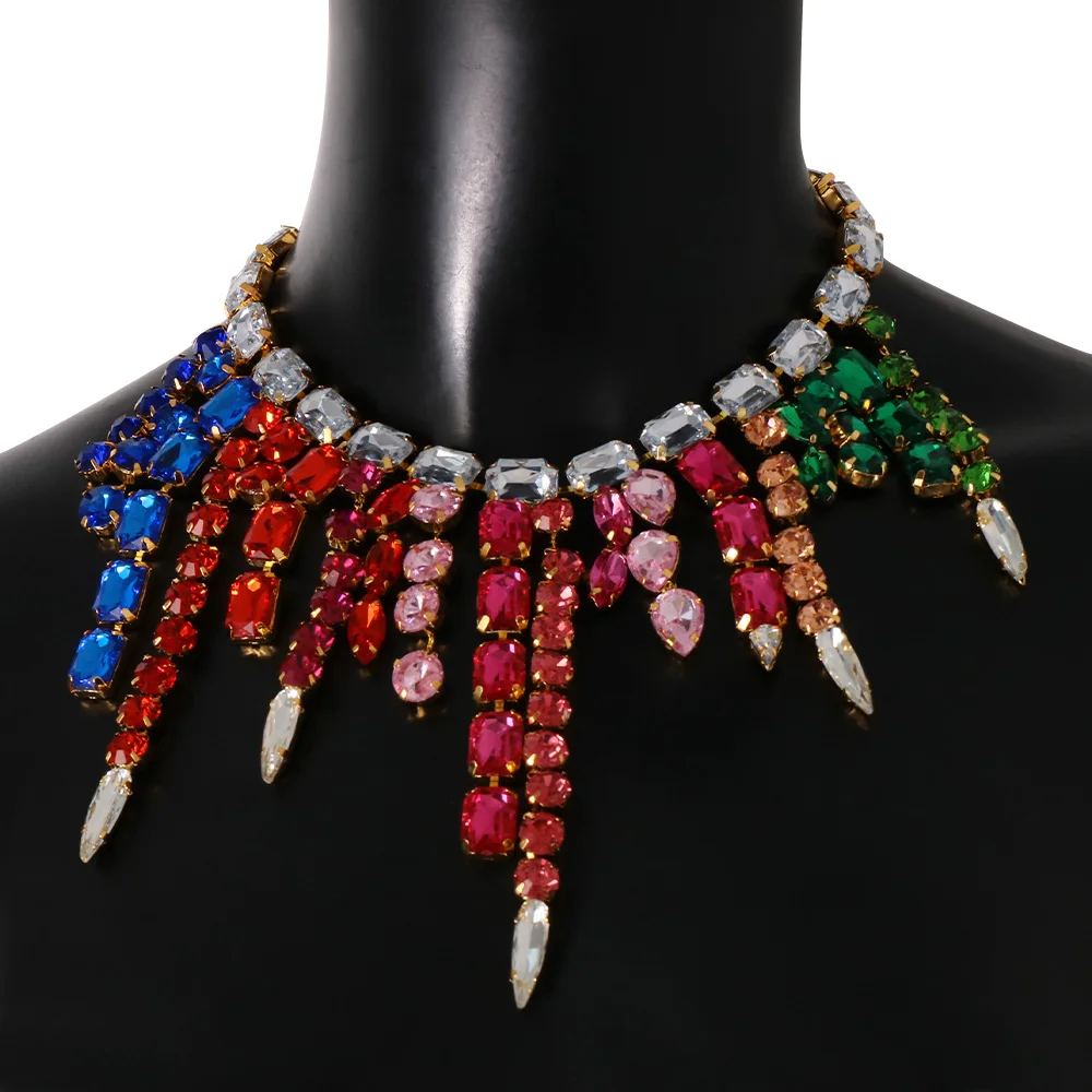 XSBODY Colorful Large Crystal Necklace Aesthetic Jewelry for Women Square Rhinestone Tassel Choker Necklace Christmas Gifts