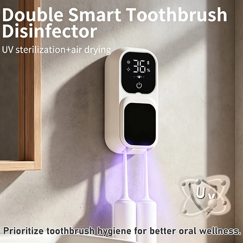 Mini Dual Toothbrush UV Steriliser, Portable Rechargeable Disinfector with Sensor Switch & Charging Display
