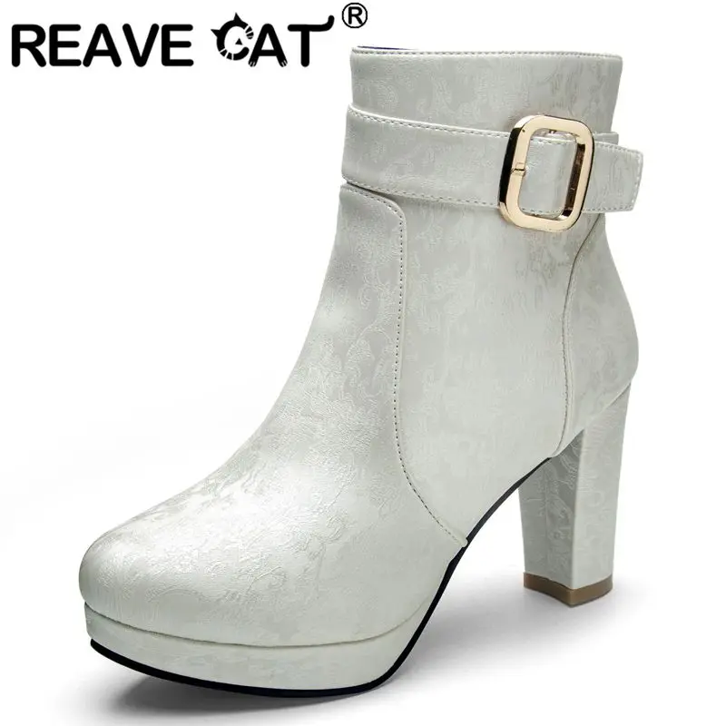 REAVE CAT Print Female Ankle Boots Round Toe Ultrahigh Heels 15cm Platform Size 45 46 47 Dating Booties