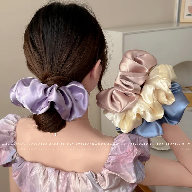 New 2025 Cream Hair Scrunchie Women Shiny Crinkle Fabric Extra Wide Ponytail Holder for Secure Back Head Style