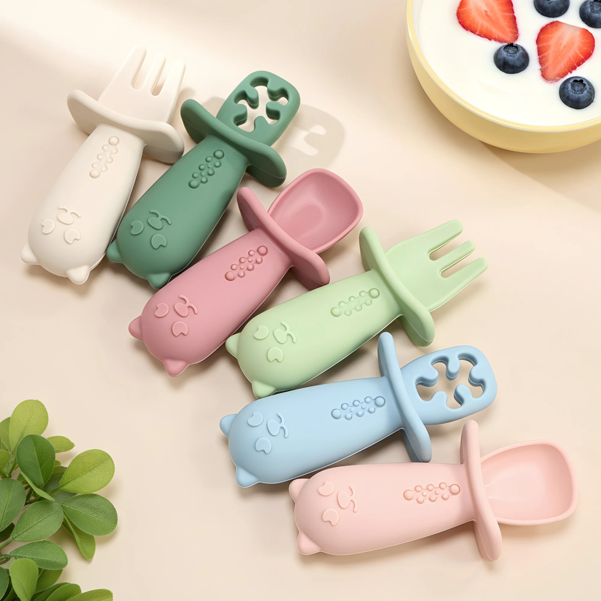 2pcs Cartoon Puppy Spoon & Fork Set, BPA-free Safe Silicone Material, Easy to Grip, Microwave & Dishwasher Safe