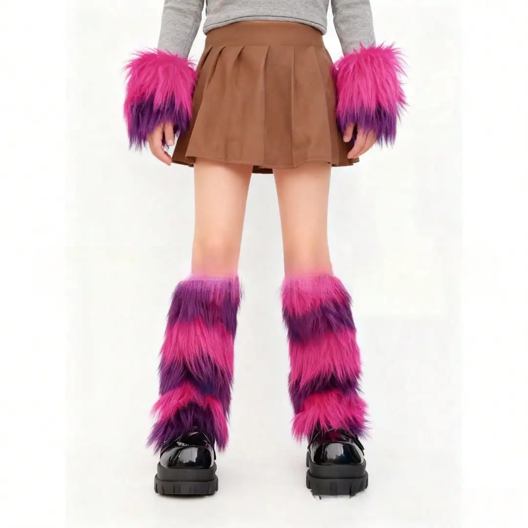 Aesthetic Y2K Fluffy Leg Warmers, Pink Purple Striped Faux Fur Socks, Slim Fit Fashion Boot Sleeves For Women