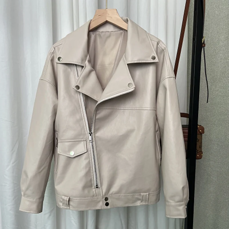 2025 abrigo de cuero suelto de ocio para las cuatro estaciones, chaqueta holgada de cuero PU a la moda para mujer, chaqueta estilo cremallera, Top Otoño Invierno