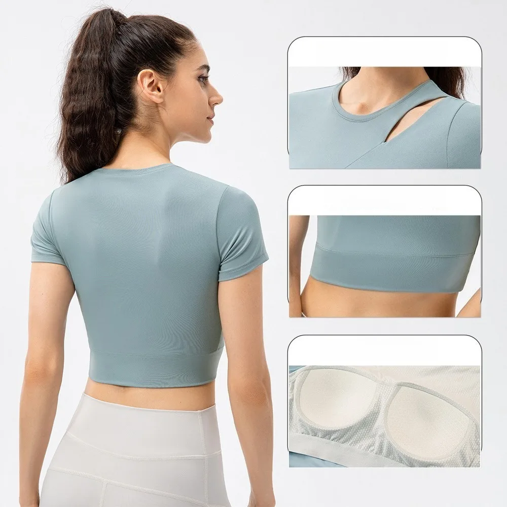 Women Naked Feeling Yoga T-Shirt Cutout Neck Built-in Shelf Bra Workout Running Tops