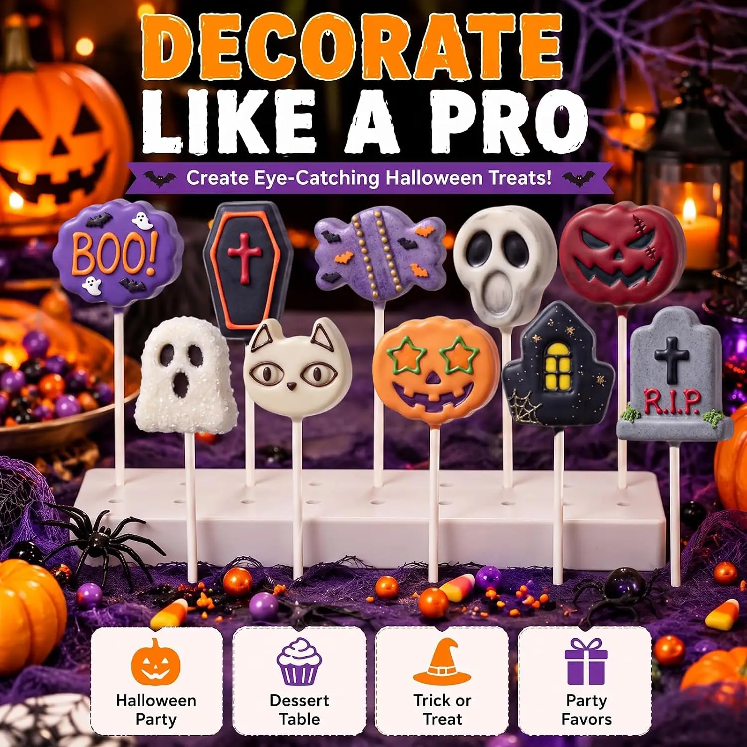 10Pcs Halloween Cake Pop Molds Set with 100 Sticks Large Cutter Pusher 10 Shapes DIY Baking Tool Kit for Party Festive Treats