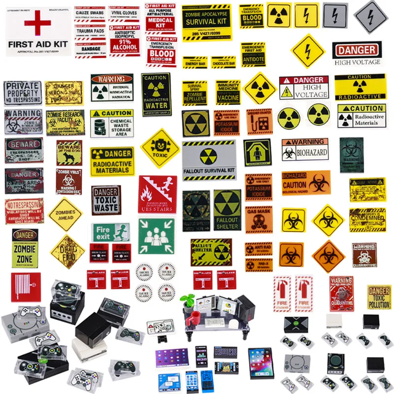 Building Blocks Adults Children Gifts Toys Printed MOC MIni Bricks Cartoon Games Caution Radiation Ruins Sign Accessories MOC