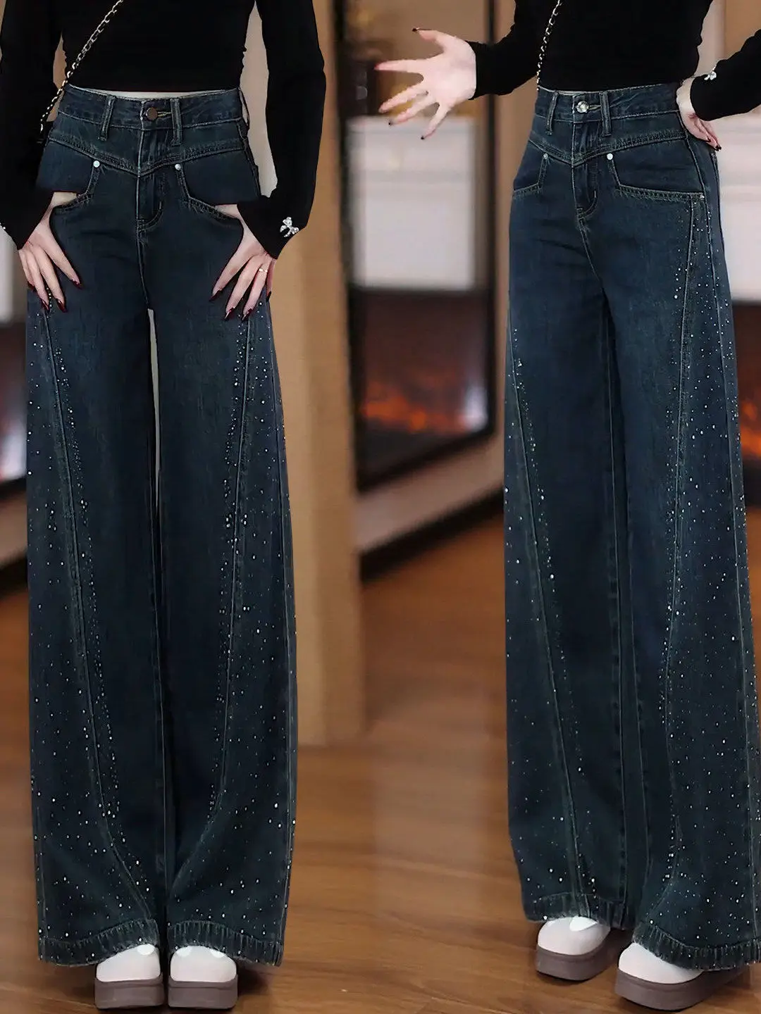 

Deep Blue Rhinestone Embellished Wide Leg Jeans High Waist Straight Cut Large Foot Pants Women's Spring Autumn New Floor Length