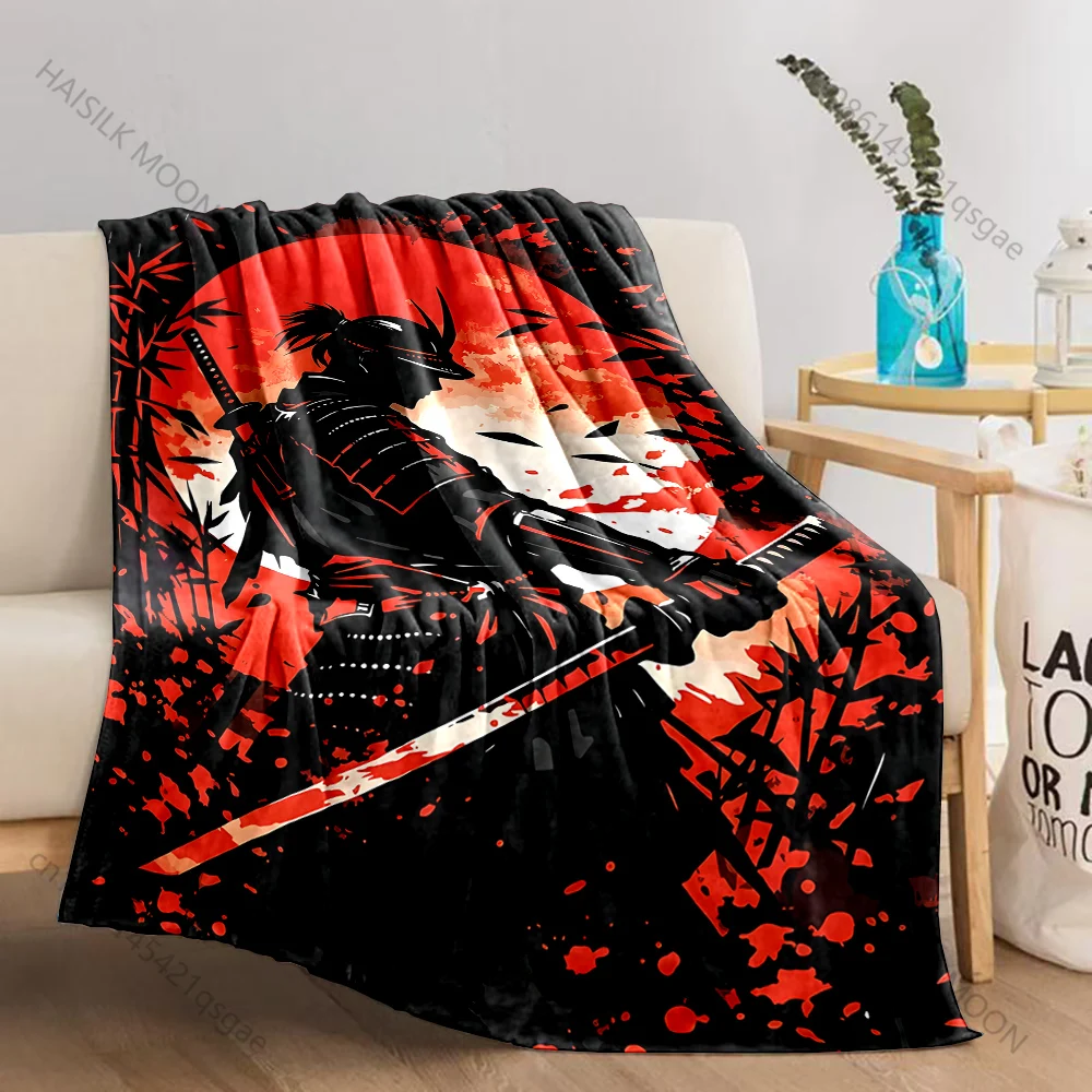 Samurai silhouette red sun bamboo Print Blanket Warm Soft Fluffy Kids Adult Sofa Bed Throw Blanket Outdoor Travel Camping RV
