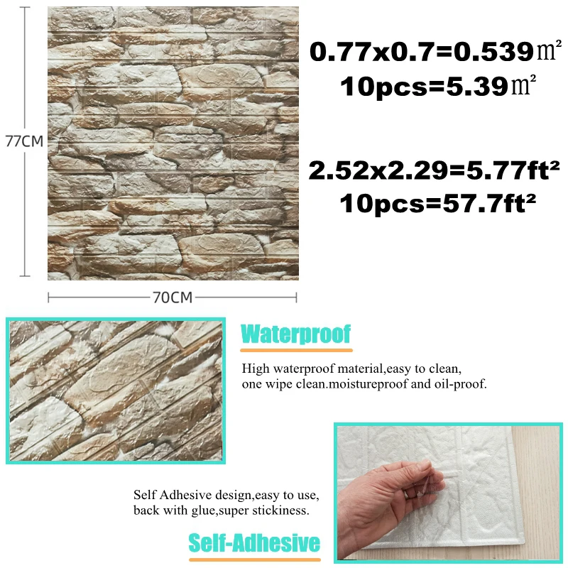 Hot Sale Wall Paper Sticker thick 2.5mm Imitation Cobblestone Brick Retro 3D Stickers making Featured wall to refresh the room