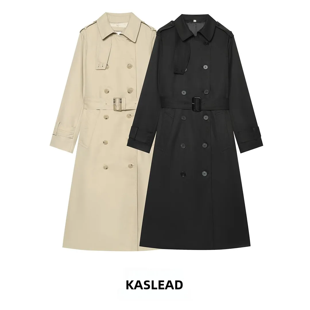 KASLEAD New Women's Fashionable Waterproof Coat with Belt Long Sleeve Double Breasted Polyester Fiber 100% Versatile Style