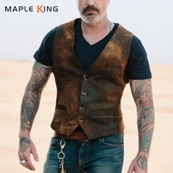Vintage Imitation Leather Single-breasted Men Casual Vests Jacket Autumn New Fashion V-Neck Sleeveless Chaleco Hombre Streetwear