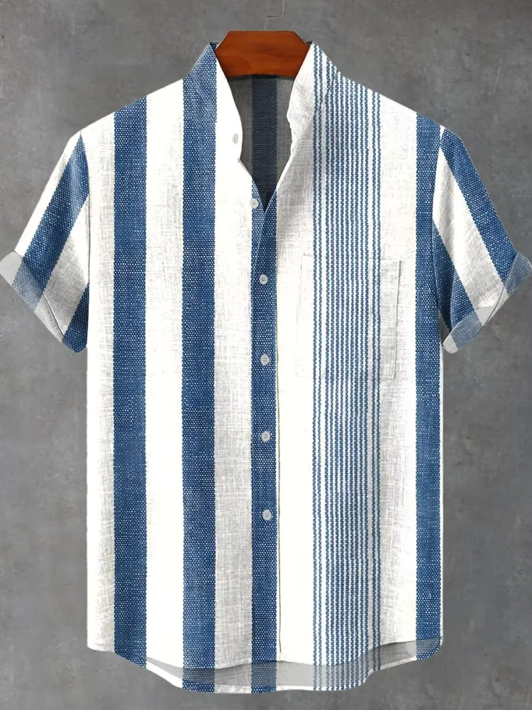

2025 Summer Men's Elegant Simple Geometric Art Short Sleeve Shirt Comfortable Casual Button Stand Collar Top