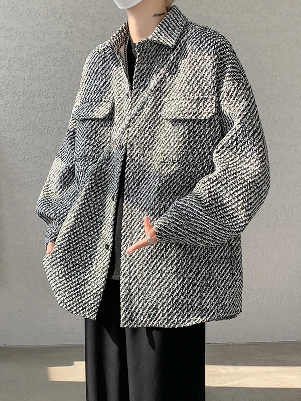

Thiened Woolen Men's Jaet Autumn Winter Faionable Retro American Casual Plaid Top Youth ular Outerwear Long Sve