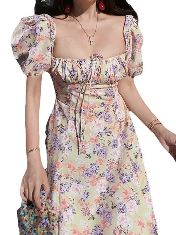 Vestido de longitud media 3HP7 para mujer, traje de gasa con abertura francesa, cuello cuadrado, cintura Floral informal, colección de manga corta, Playa y turismo