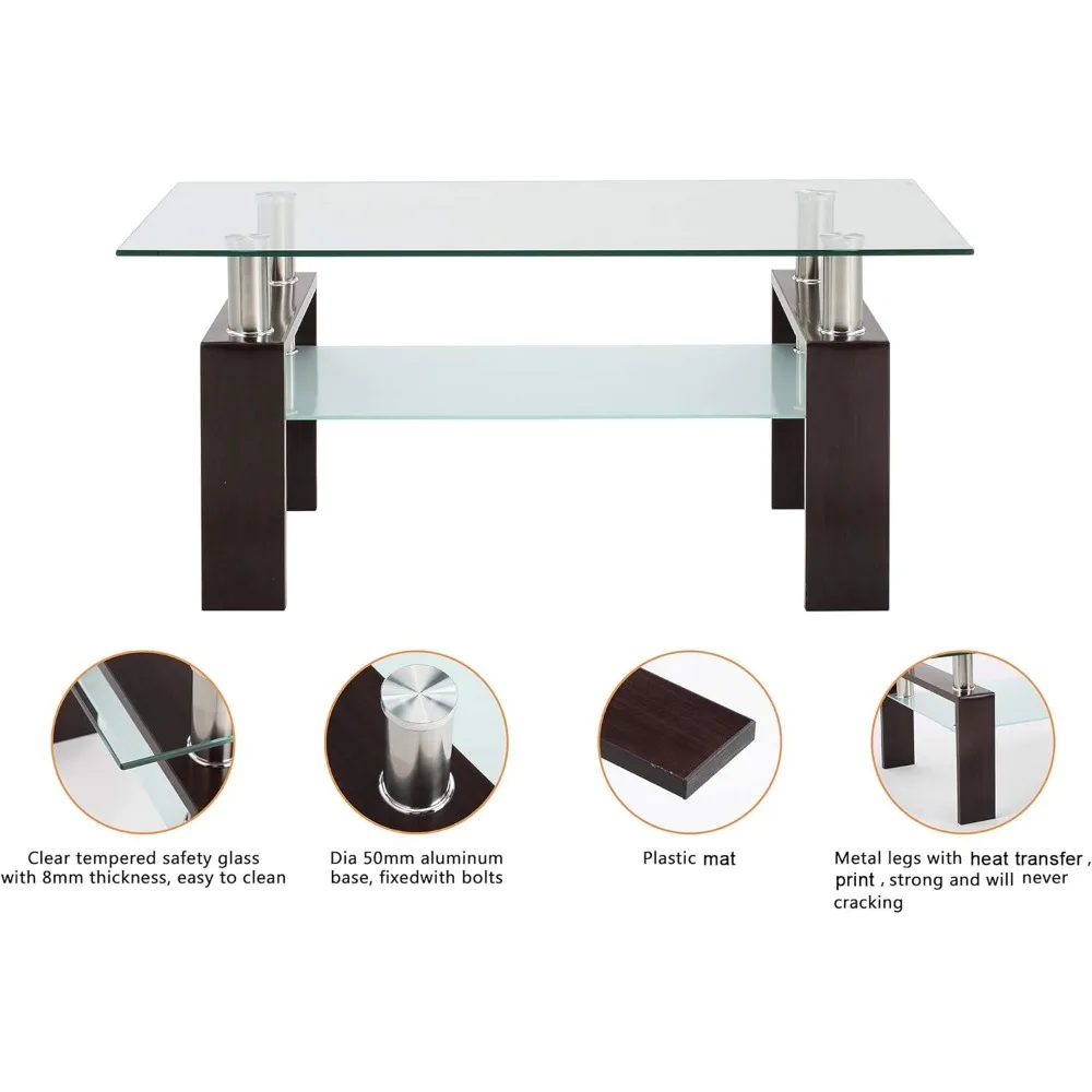 Rectangle Tempered Glass Coffee Table with Metal Legs for Living Room, Modern Walnut Finish Accent Table