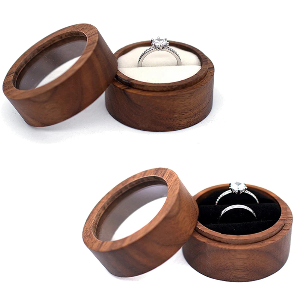 Transparent Cover Walnut Wood Engagement Ring Box Rotundity Proposal Ring Display Box Birthday Party Gift Jewelry Storage Box