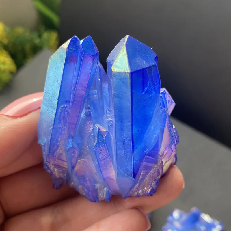 Natural Blue Angel Aura Quartz Crystal Cluster Stone Electroplating Titanium Specimens Cured  Coating Healing Crystals Home Deco