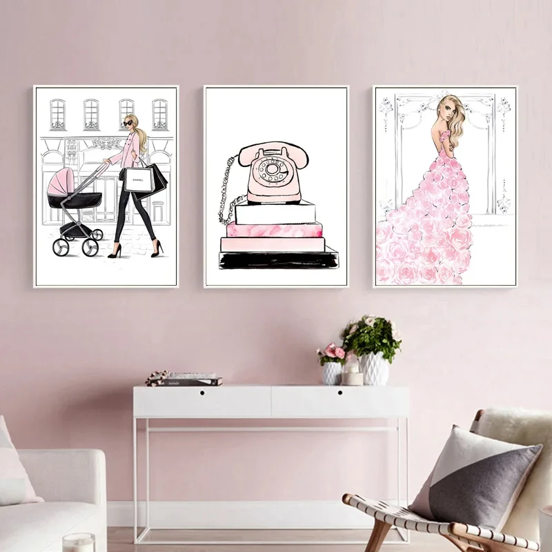 Nordic Posters for Home Decor, Wall Art, Canvas Painting, Pictures, Pink Skirt, Beauty Girl, Flower Prints, Living Room