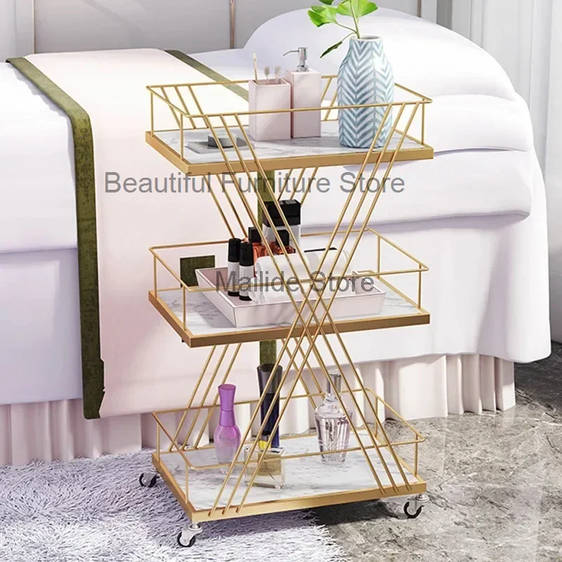 

Iron Art Salon Trolleys Light Luxury Golden Rack Modern Salon Furniture Beauty Salon Trolley with Wheels Home Multi-layer Rack