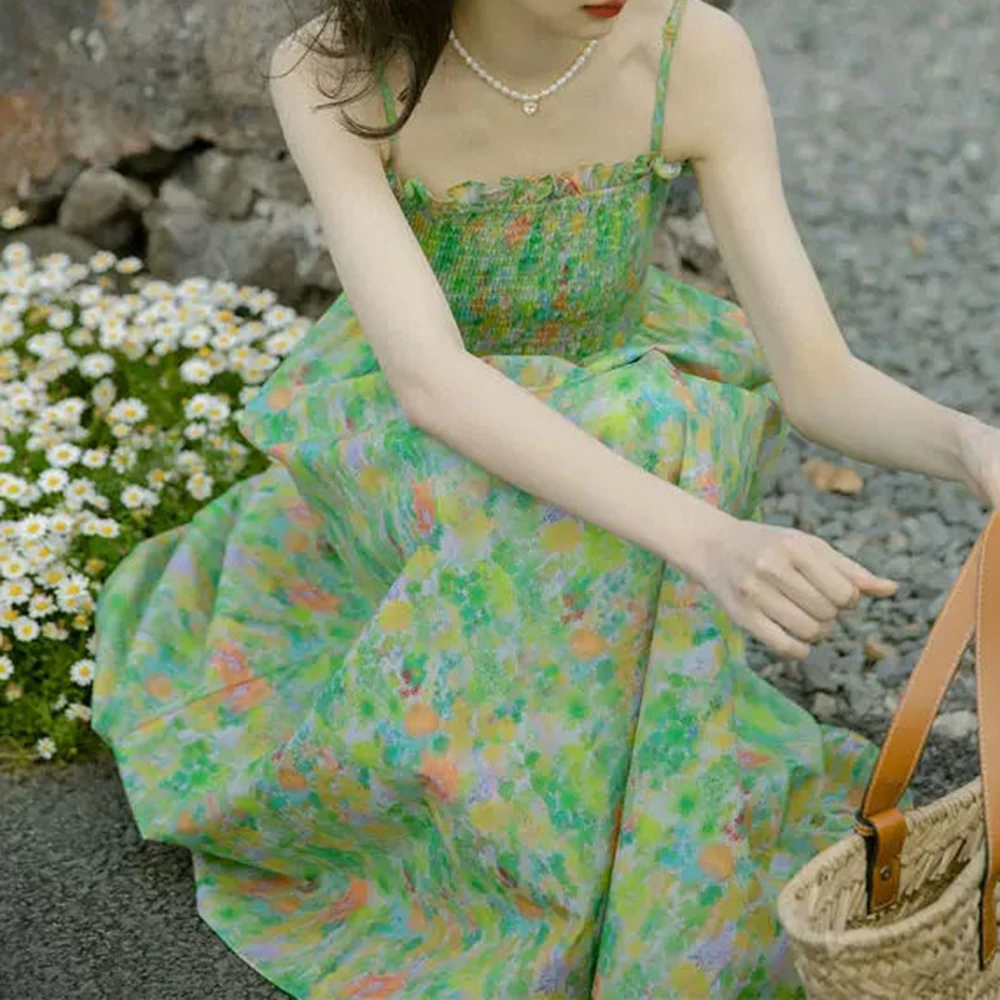 

Smudge printing suspender dress women's summer gentle wind advanced sense thin waist green floral skirt