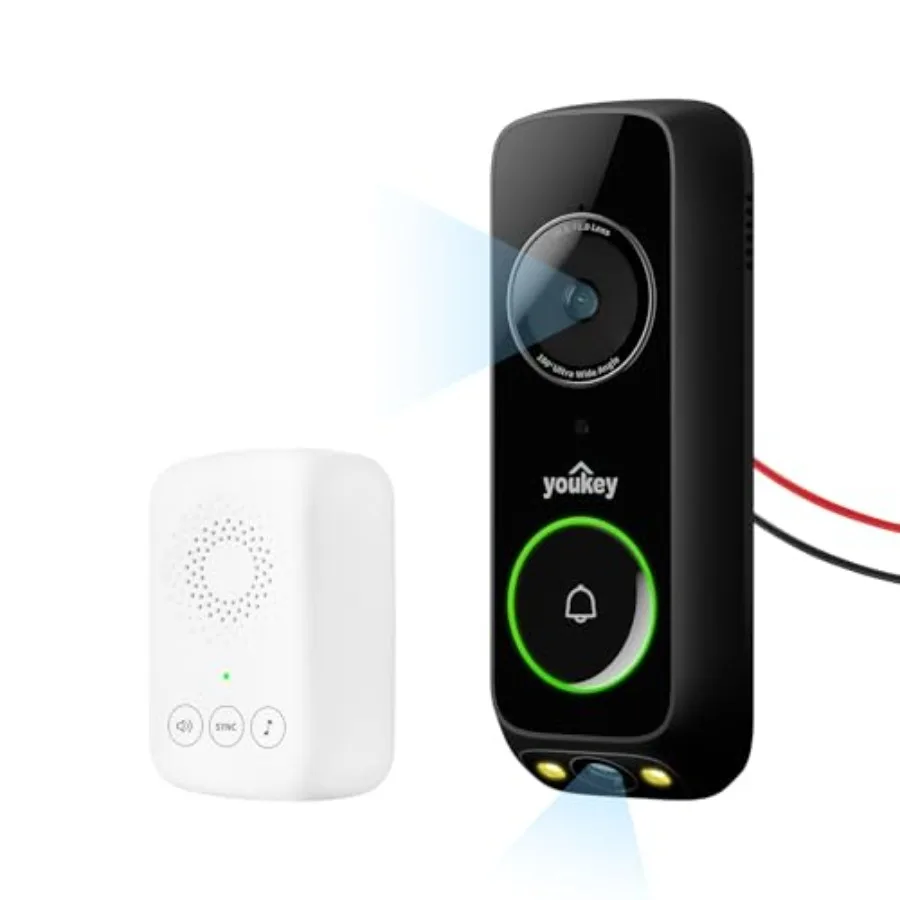 

Wired doorbell camera for home security: metal housing, black, 2K head-to-toe video, package detection, WiFi-6, built-in 8GB st