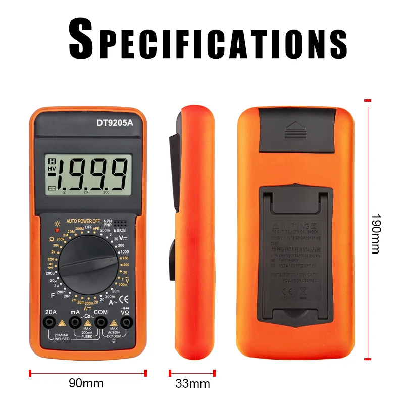 Professional Digital Multimeter Digital DMM AC DC Voltage Current Ohm Capacitance hFE Portable Ammeter Voltmeter Meter Tester