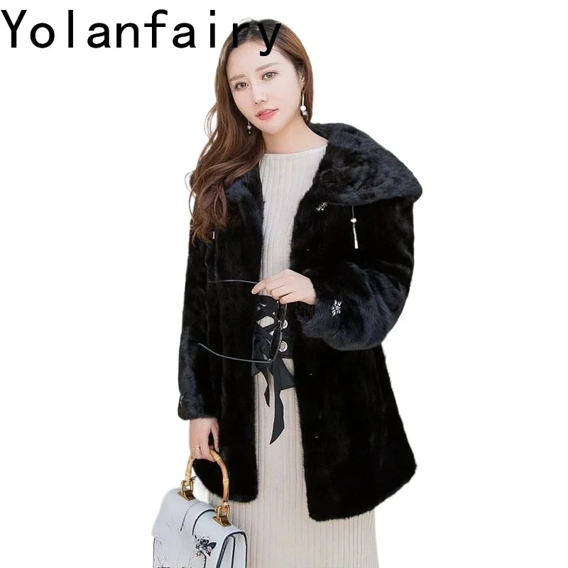 YOLANFAIRY Whole Mink 100% Real Fur Coats Woman Luxury Winter Elegant Shawl Collar Hood Black Natural Mink Fur Jacket 75/80cm